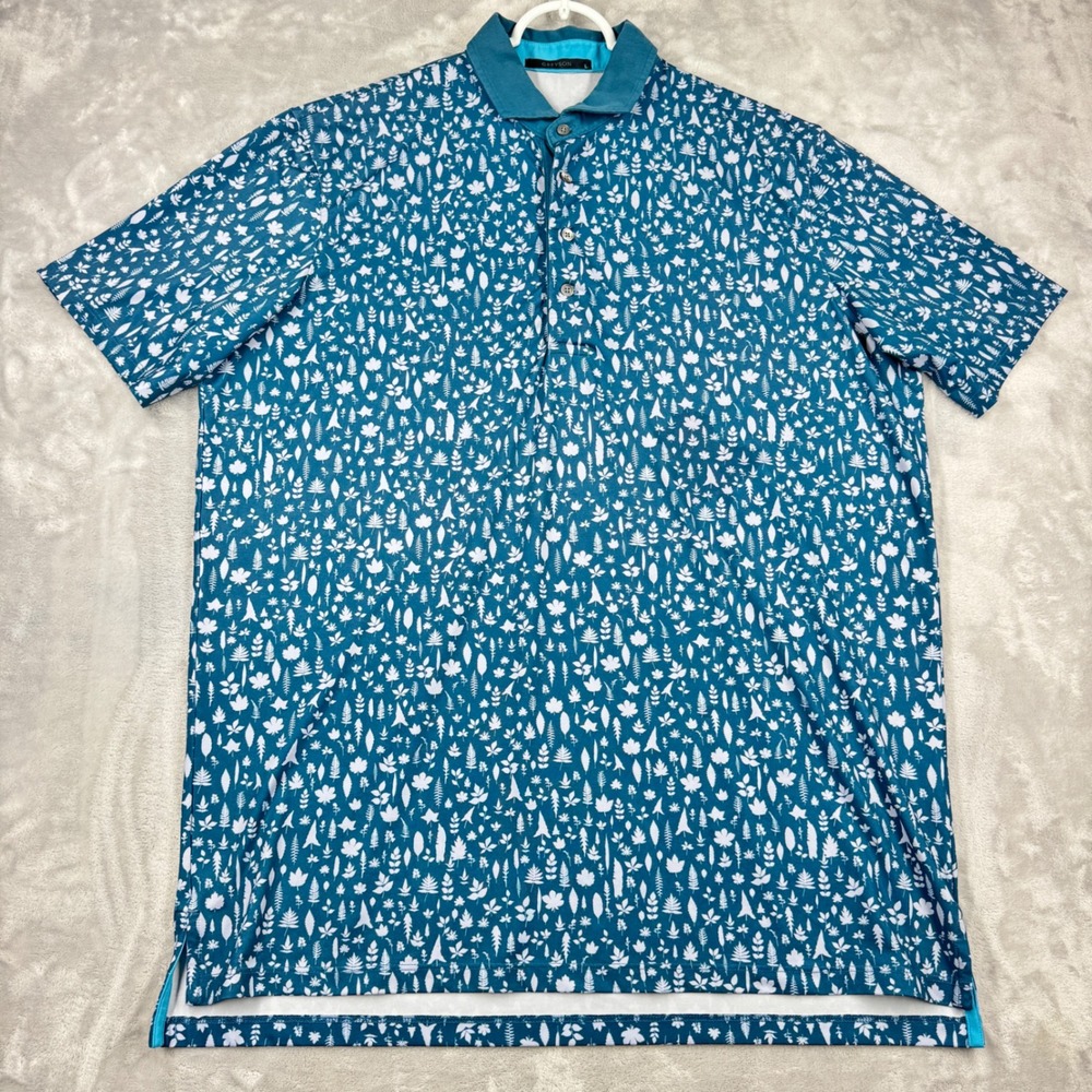 GREYSON x Butler National Golf Polo Mens L Teal Leaf Print Performance Stretch